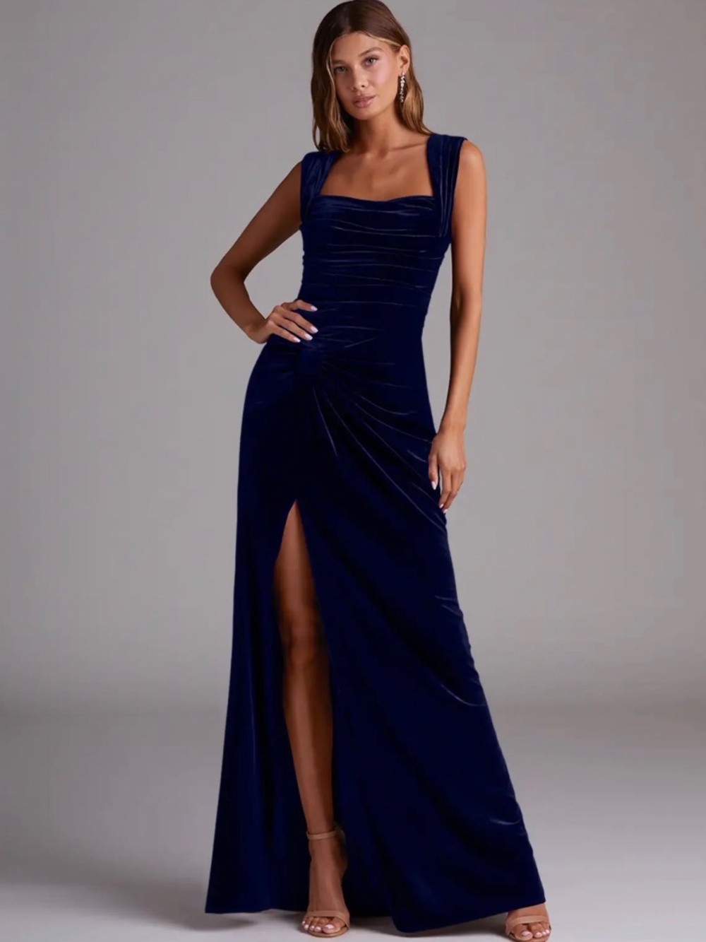 Azazie Navy Blue Velvet Formal Maxi Dress Custom Petite XS